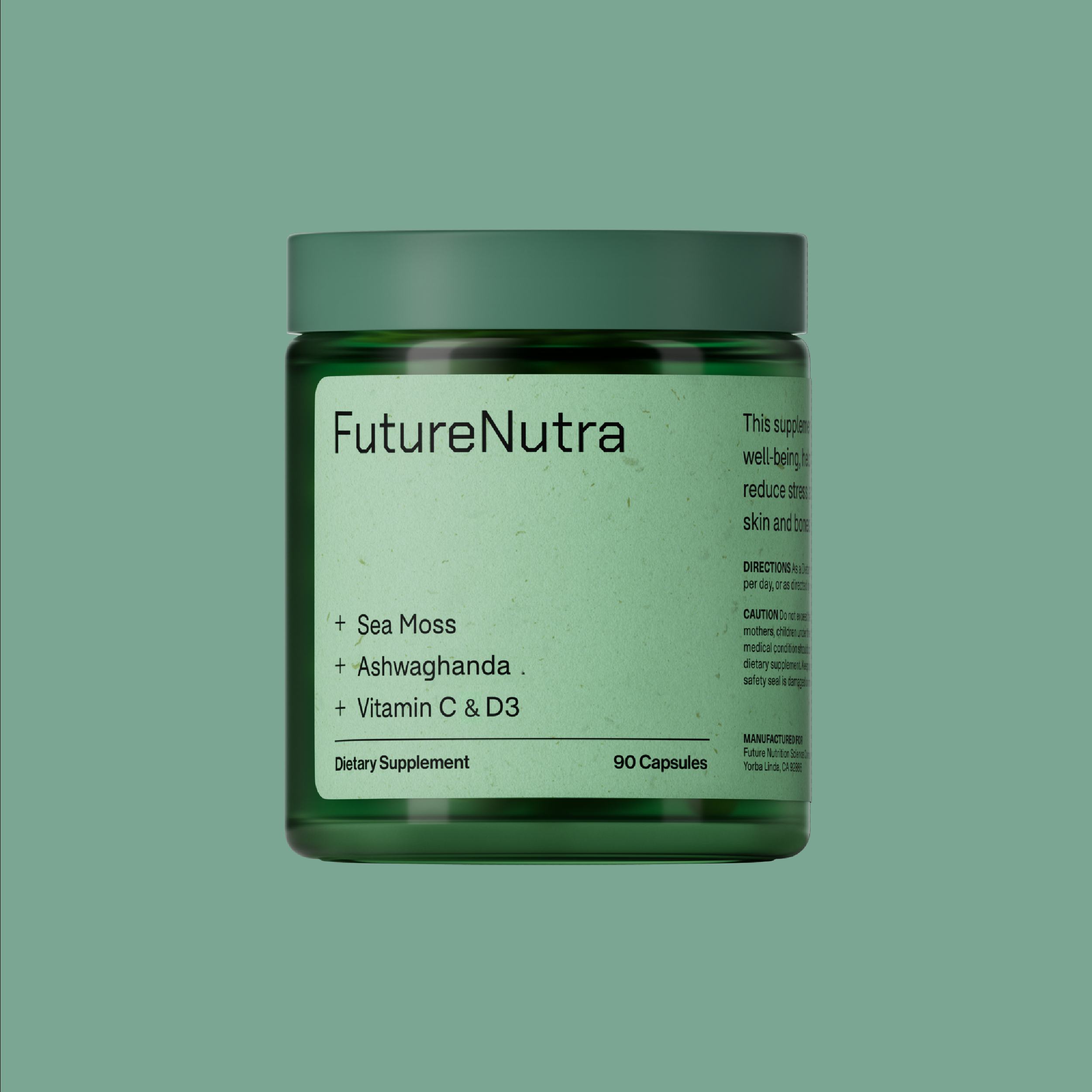 FutureNutra PhytoMoss+ jar photographed in a sage studio scene