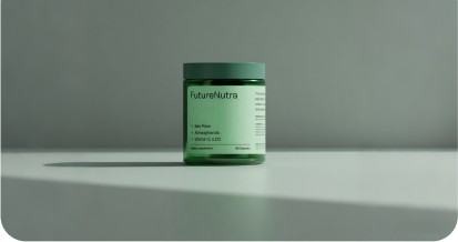 FutureNutra PhytoMoss+ jar photographed in a sage studio scene